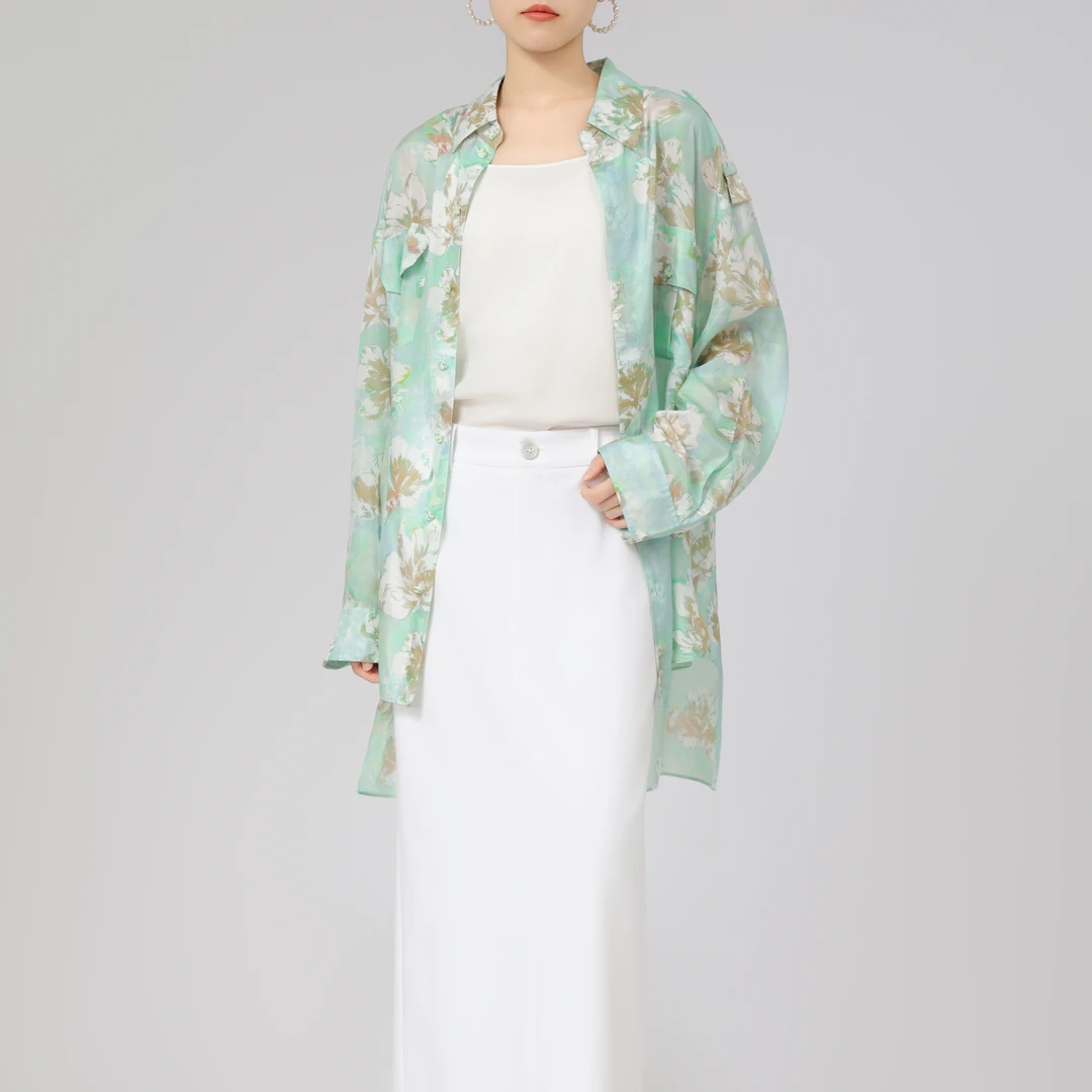 limil/丽米儿四季宽松休闲气质衬衣时尚落肩镂空花卉衬衫9300094