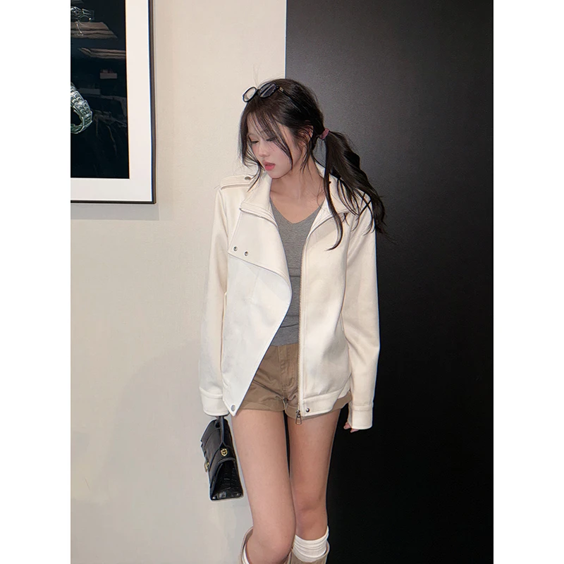 米白色麂皮外套女秋季新款正肩高级廓形设计感机车风宽松夹克上衣