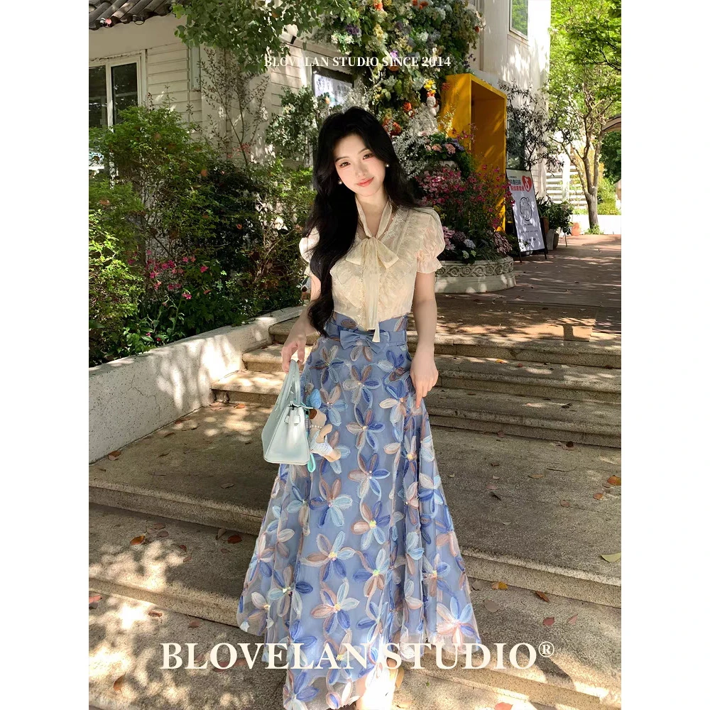 湛影溯梦 气质挂脖绑带花边短袖衬衫+小众立体花朵半身裙