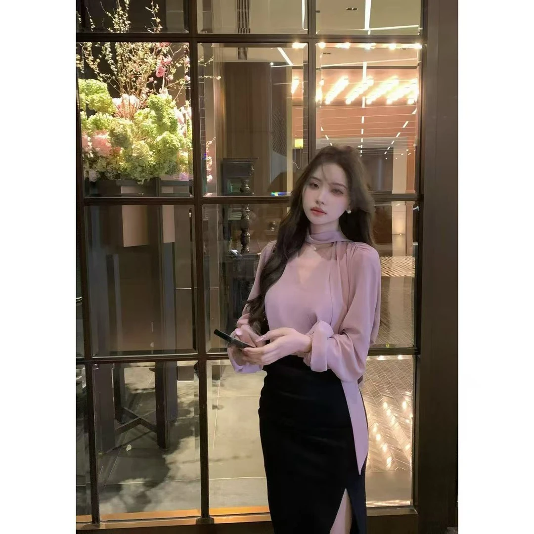 SZA【香茶花使】春季新款气质韩系飘带设计V领雪纺长袖衬衫A-1608