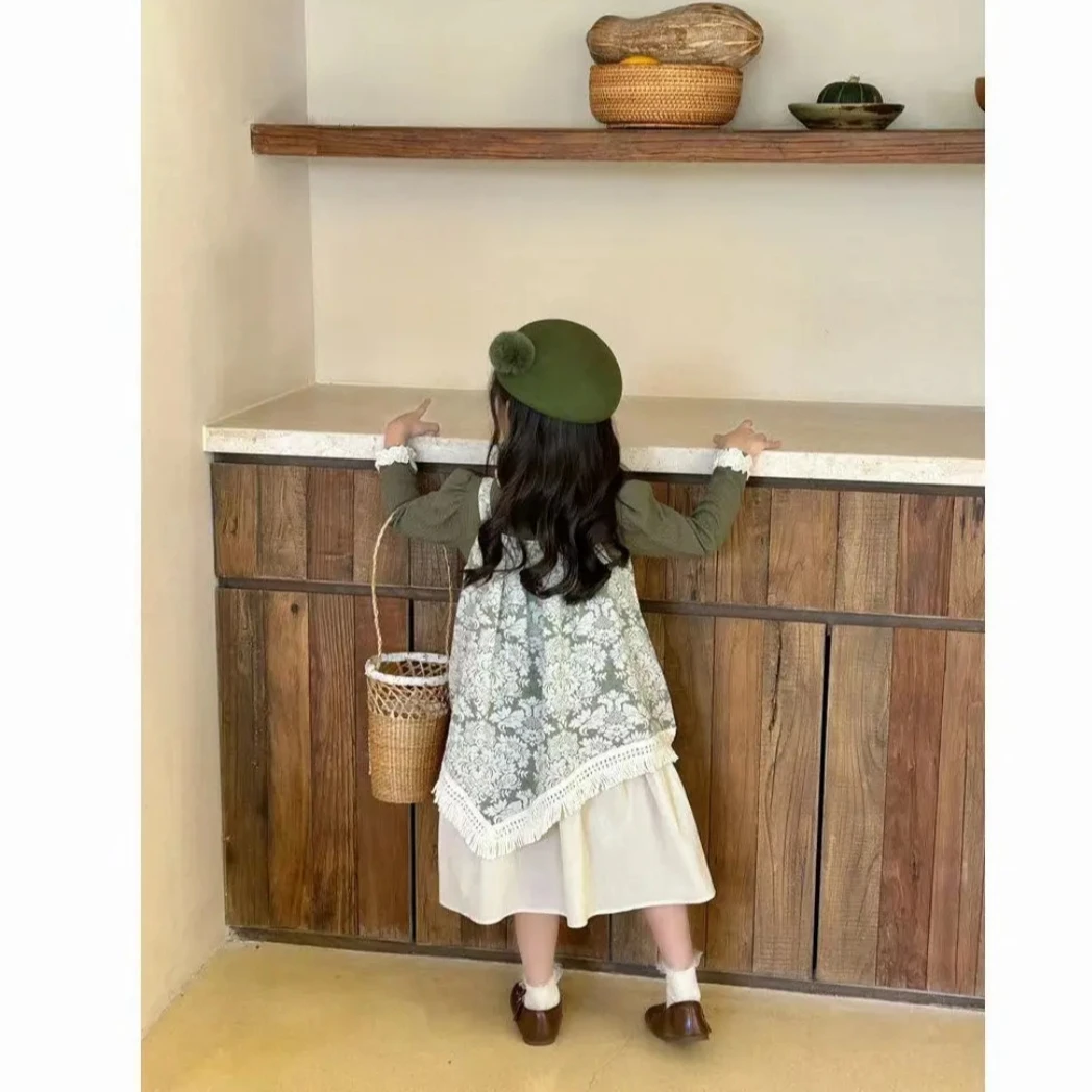 女童两件套打底衫+碎花连衣裙2025春秋季儿童洋气公主吊带田园风