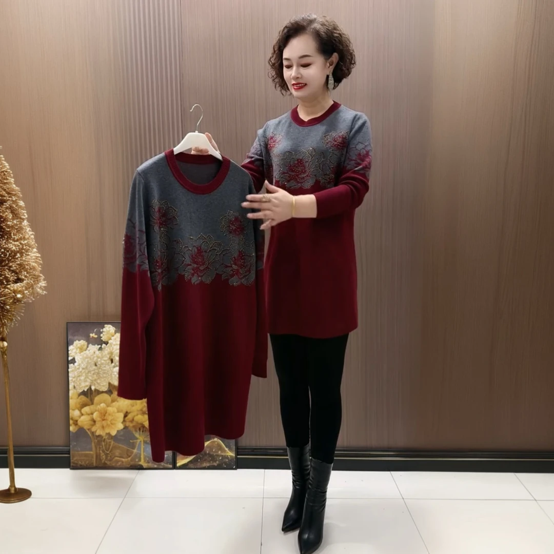 1080针织大版衫秋冬新款宽松时尚宽松大码遮肚子烫钻花朵打底裙子