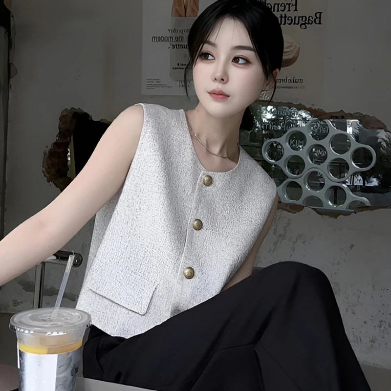 【夏季薄款】小香风圆领无袖背心马甲女宽松小个子短款叠穿上衣女