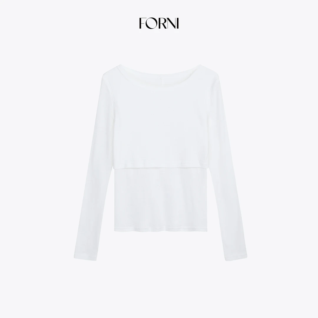FORNI 奶酪衫 100长绒棉极简设计感拼接双层圆领正肩打底T恤