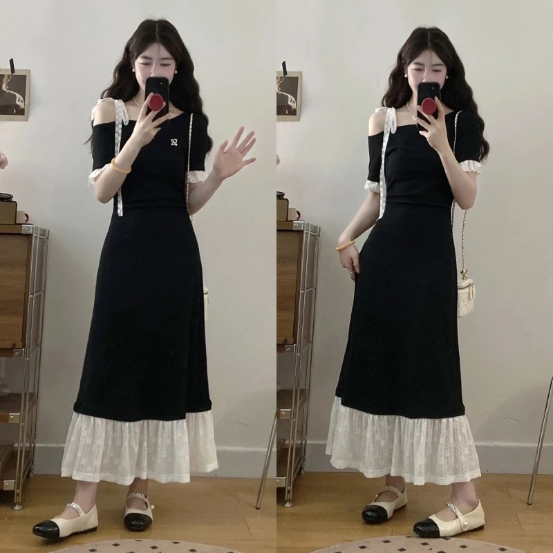 MO88ZSPF大码女装复古赫本风收腰显瘦露肩拼接短袖洋气连衣裙