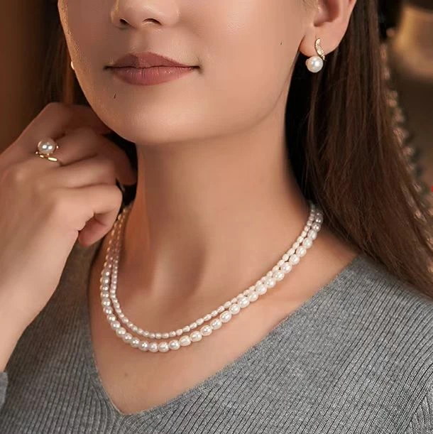 9-10mm大小米型双层珍珠项链