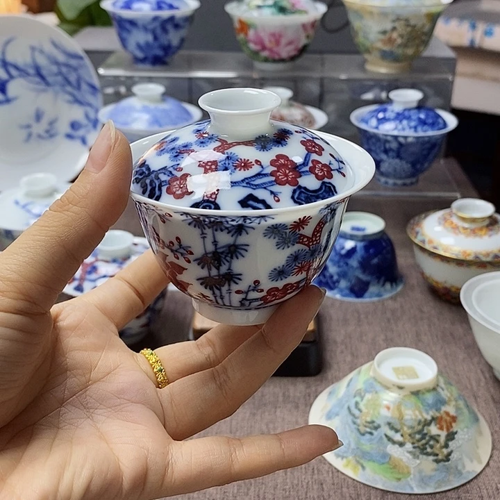 可***乐全品山月闲高温超薄胎青花釉里红松竹梅盖碗