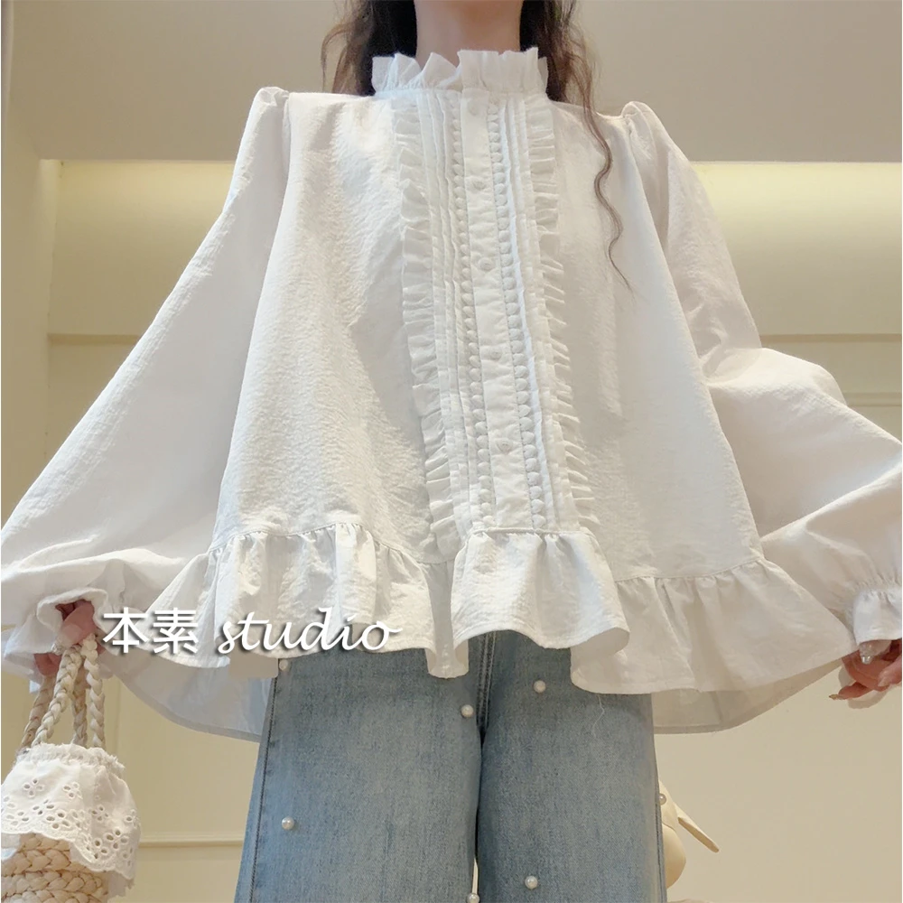 清茶C3398竖纹风琴褶木耳边立领衬衫