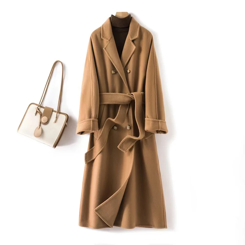 赫本风双面羊毛羊绒大衣中长款双排扣系带毛呢外套女W9314