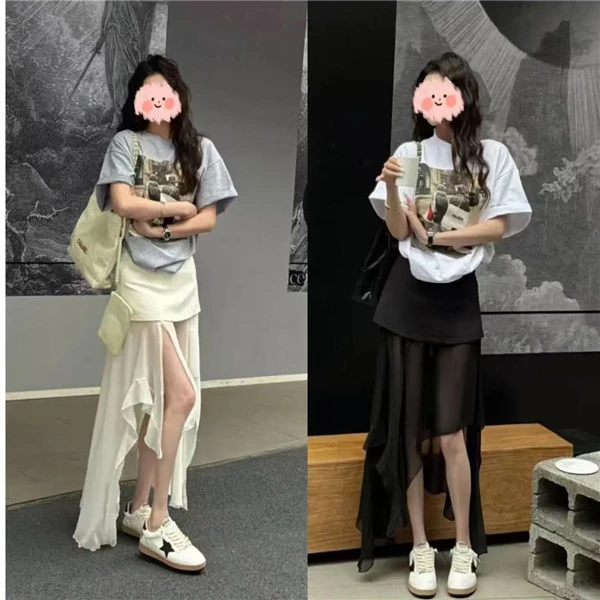 韩系辣妹时尚套装女百搭圆领印花短袖T恤高腰西装半裙拼接款裙子