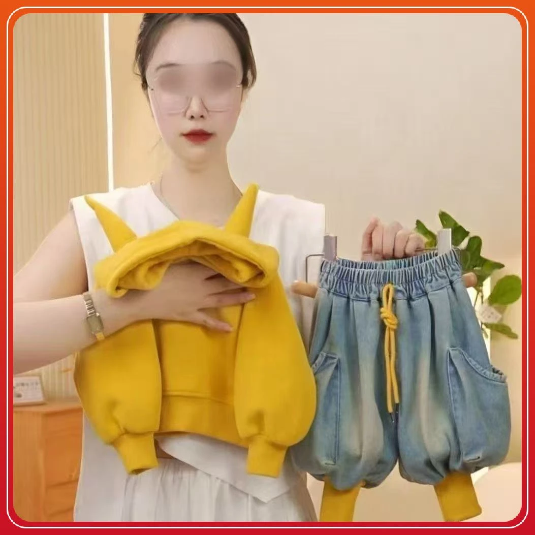 儿童秋季卫衣套装2025新款牛角宝宝韩版牛仔洋气灯笼裤舒适两件套