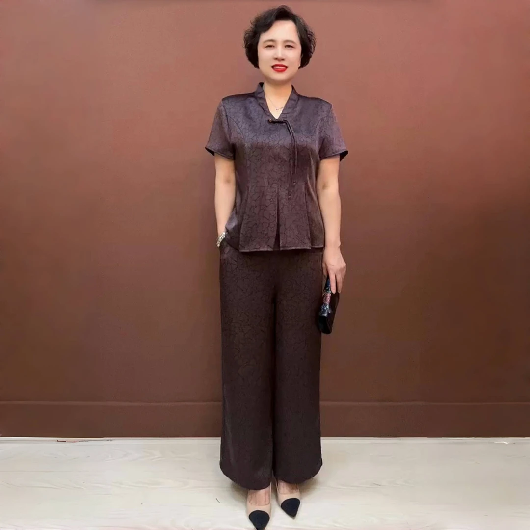 2025新款夏季中年妈妈中长款宽松大码旗袍衫气质阔腿裤两件套装