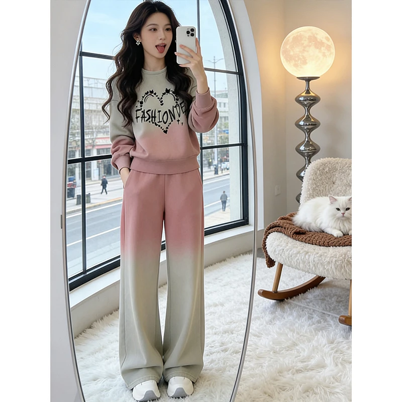 韩系chic风减龄休闲套装女春秋季新款高级感渐变卫衣阔腿裤两件套