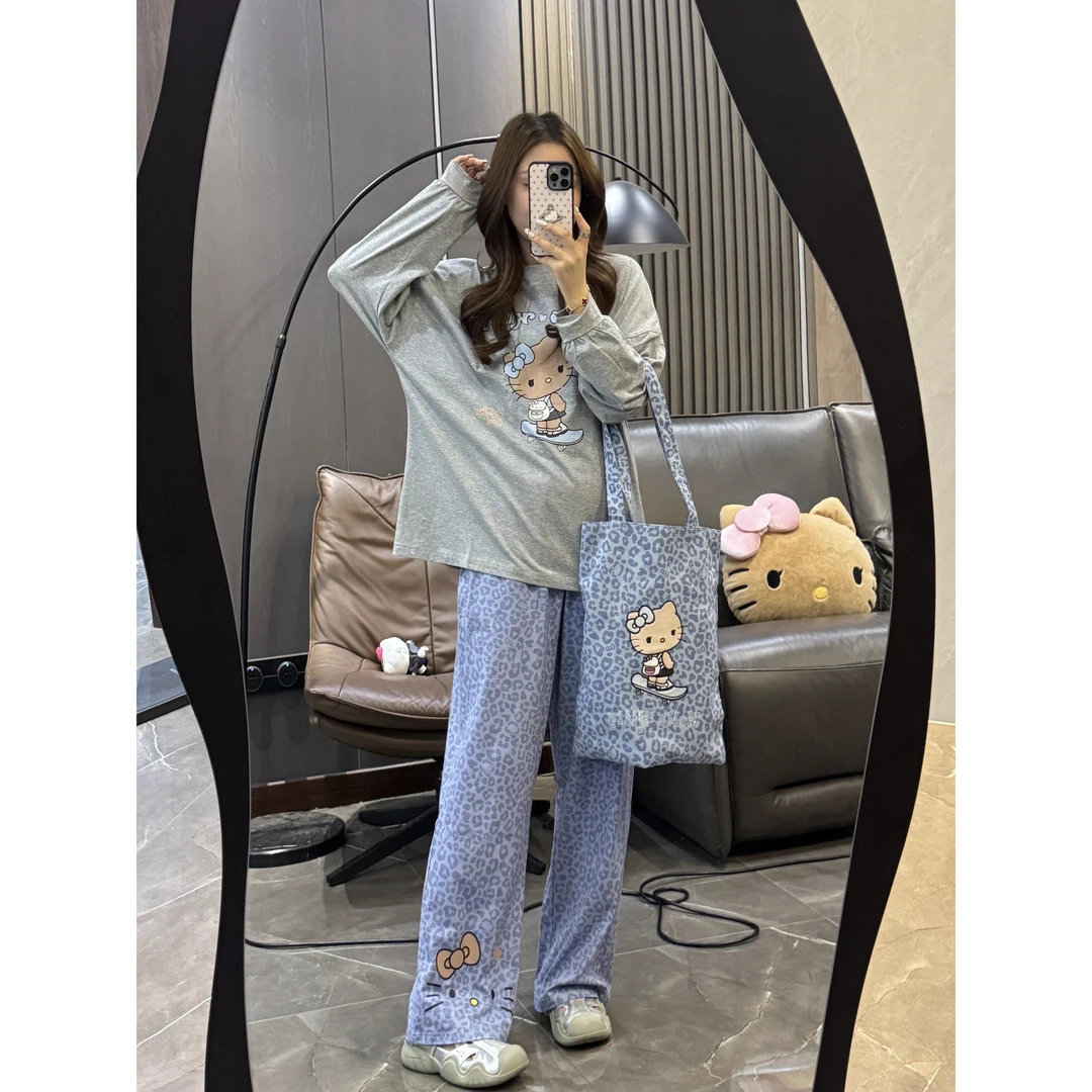 豹纹透气凯蒂猫睡衣女春秋季新款小众撞色冰丝长袖长裤套装家居服