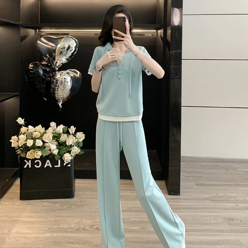 韩版时尚休闲套装女夏季新款高级感显瘦连帽卫衣阔腿裤运动两件套