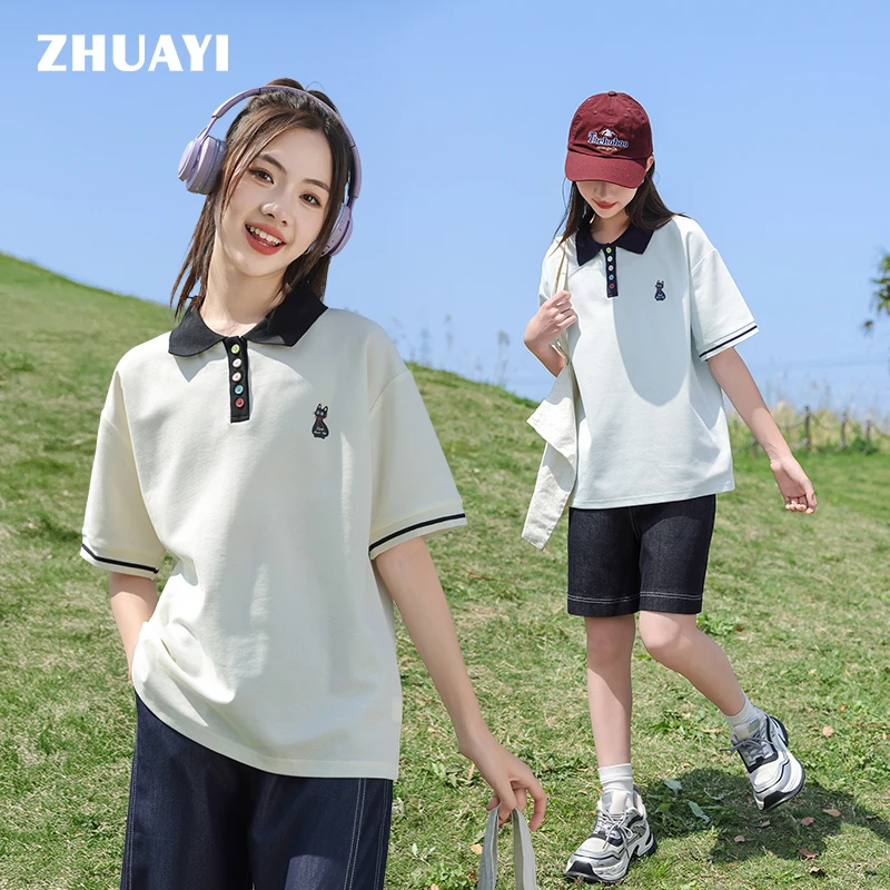 女大童短袖2025夏季彩色小猫上衣中大童翻领学生党T恤（25212372）3