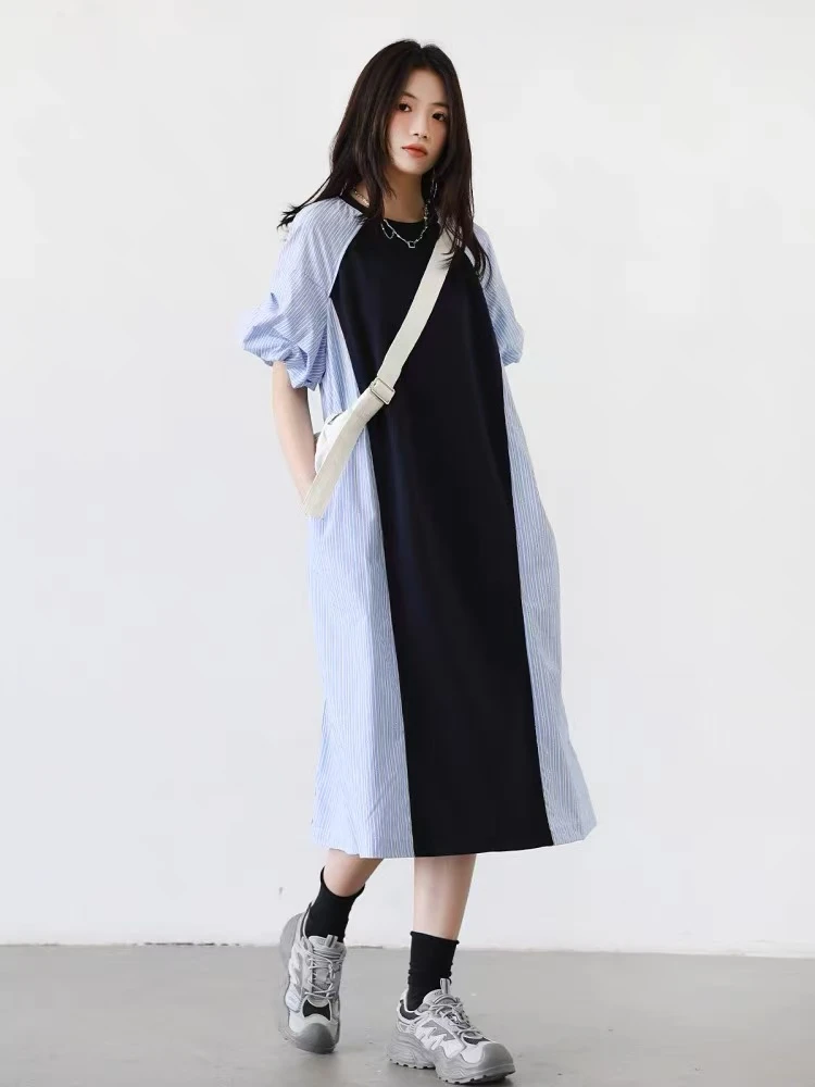 8037 夏季新款时尚重工贴钻设计感拼接条纹显瘦连衣裙