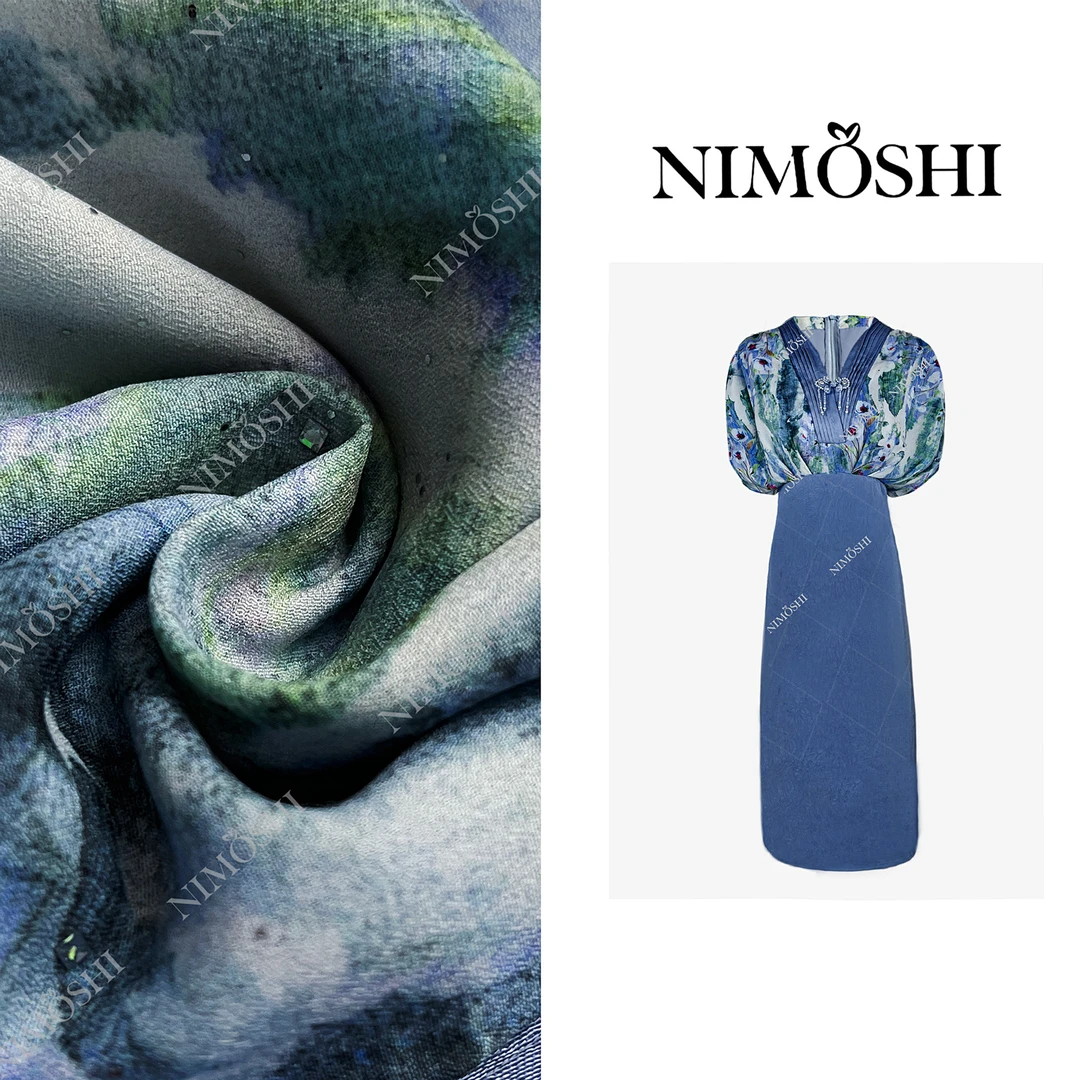 NIMOSHI【倩倩】夏季新款清新重工钉珠印花设计气质显瘦连衣裙Q2073