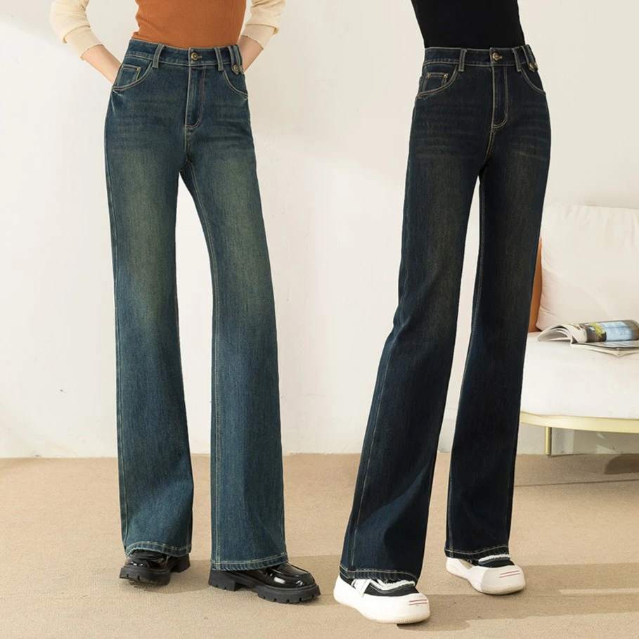 加绒【不贴腿微喇裤】冬季新款筒喇牛仔裤女直筒阔腿裤高腰弹力6360