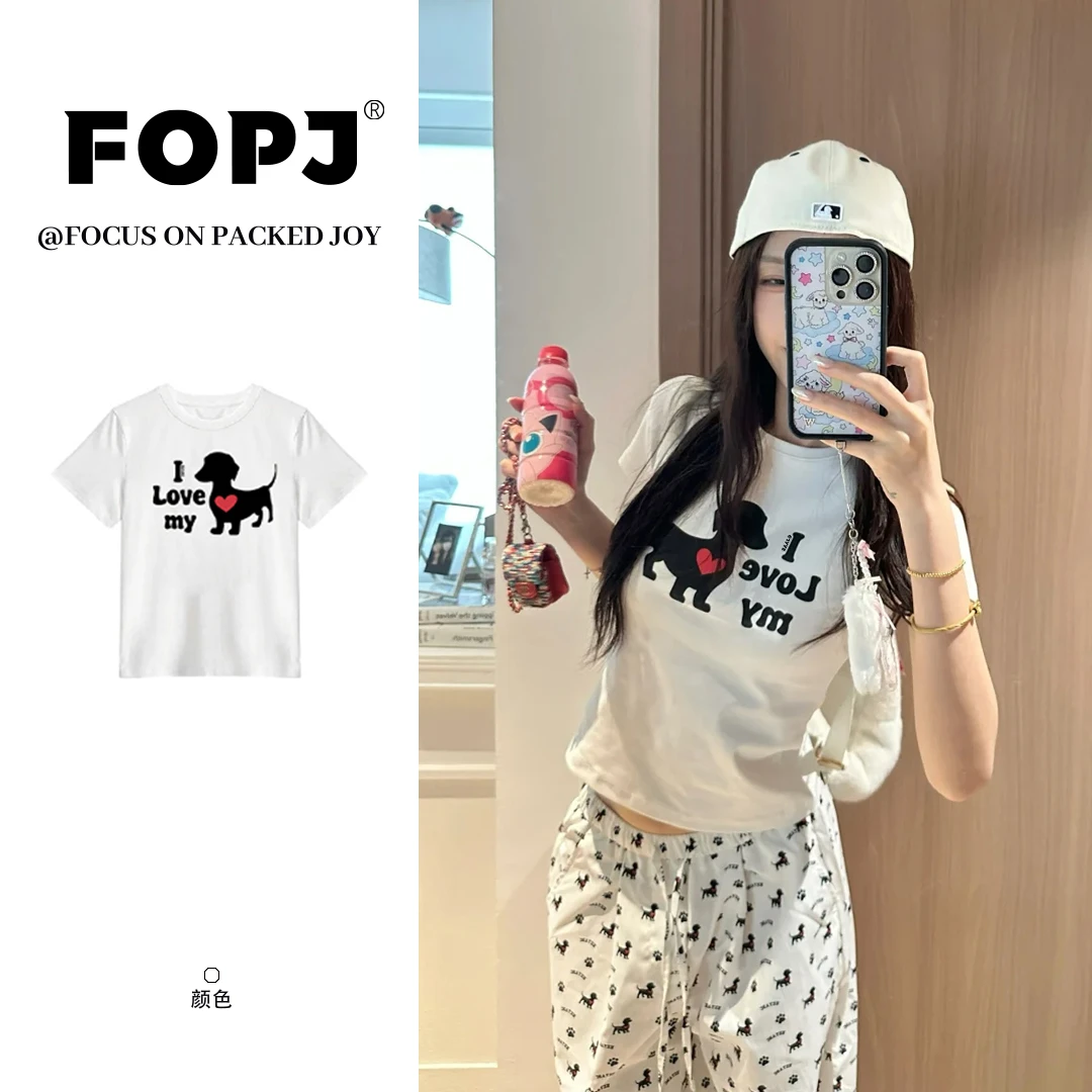 FOPJ夏季新款卡通爱心小狗正肩短袖t恤设计感修身显瘦圆领上衣女