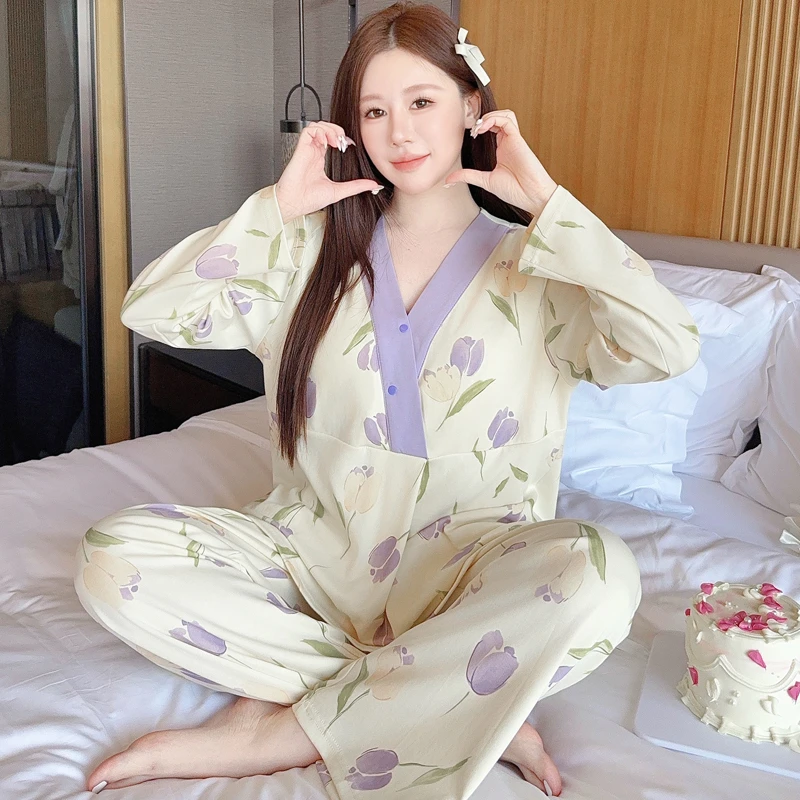 带胸垫哺乳孕妇睡衣夏季薄款产后产妇月子服秋冬空气棉加厚家居服