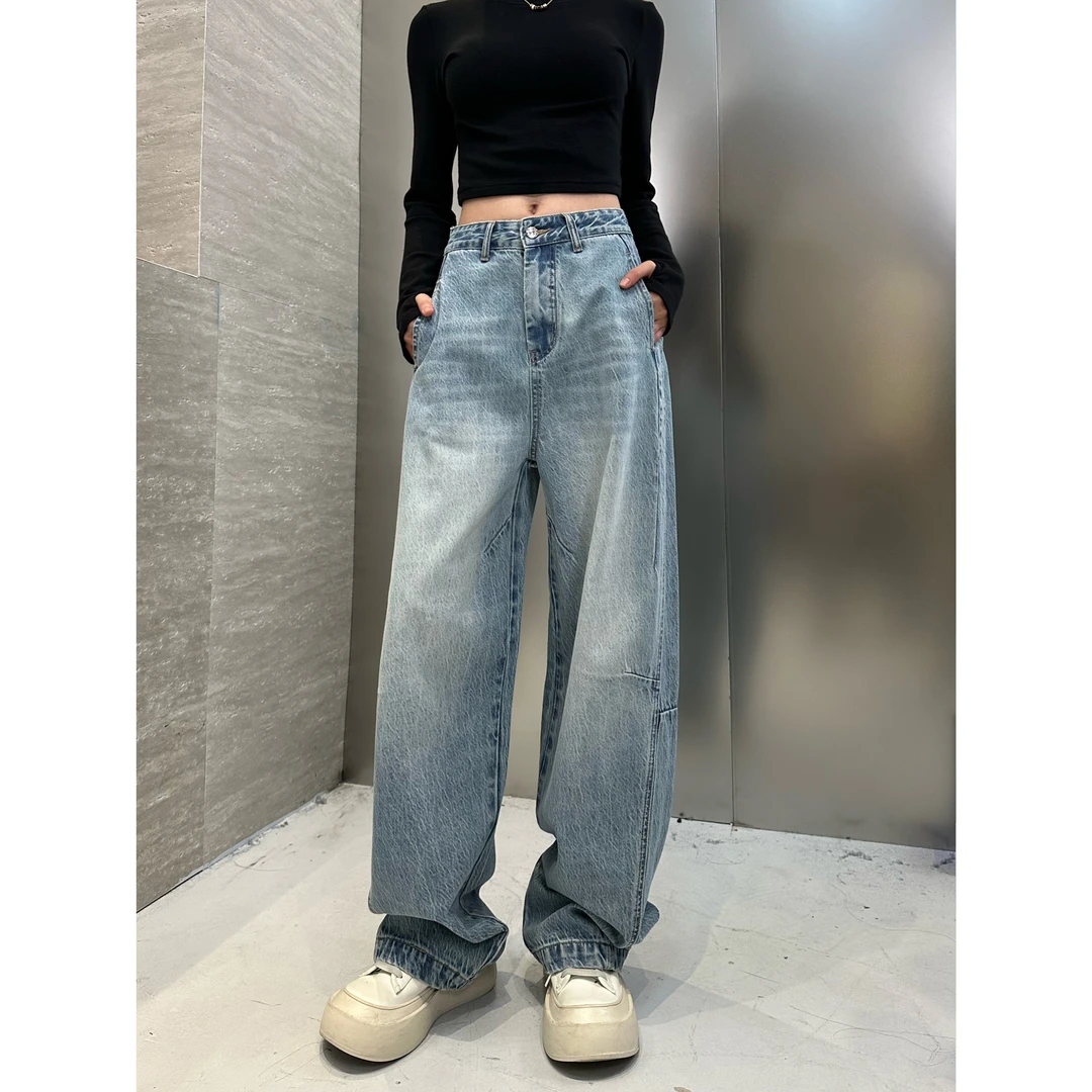88006-蓝【N5专享】夏季新款雪花纹中高腰垂感阔腿设计弯刀牛仔裤