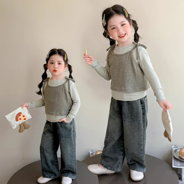 女童秋装牛仔裤休闲三件套韩版纯色女宝春秋洋气长袖百搭外穿T恤