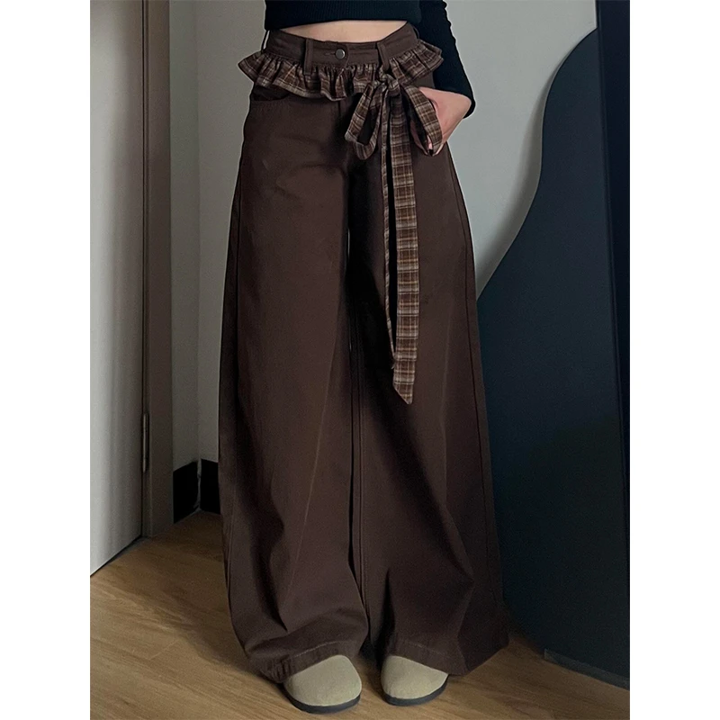 大码设计感宽松显瘦直筒牛仔裤女春季新款蕾丝格子花边垂感阔腿裤