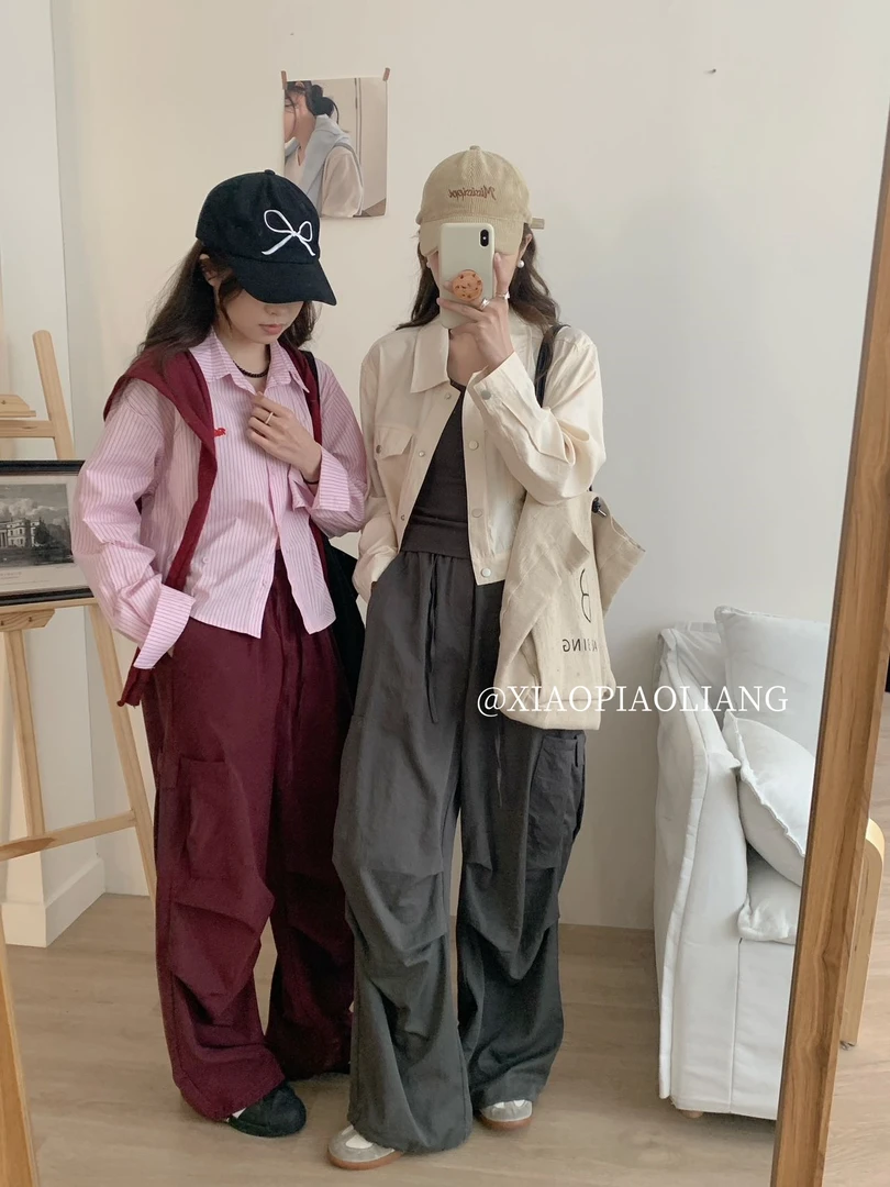 美式宽松垂感工装裤夏季休闲百搭褶皱口袋设计感裤子女6365#0.1