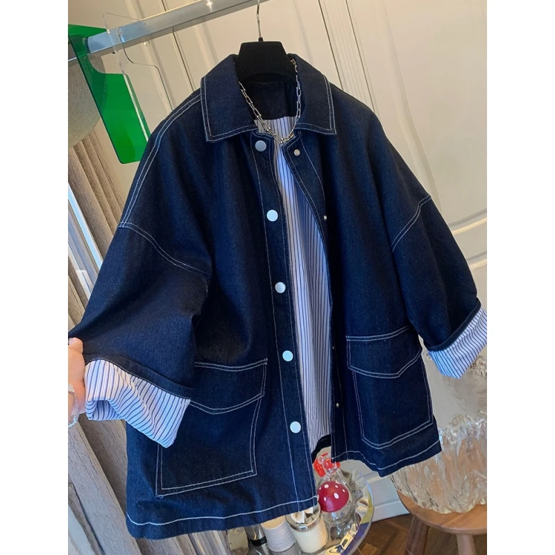 独特百搭超好看超火条纹牛仔衣外套宽松中长款上衣女2025春季新款