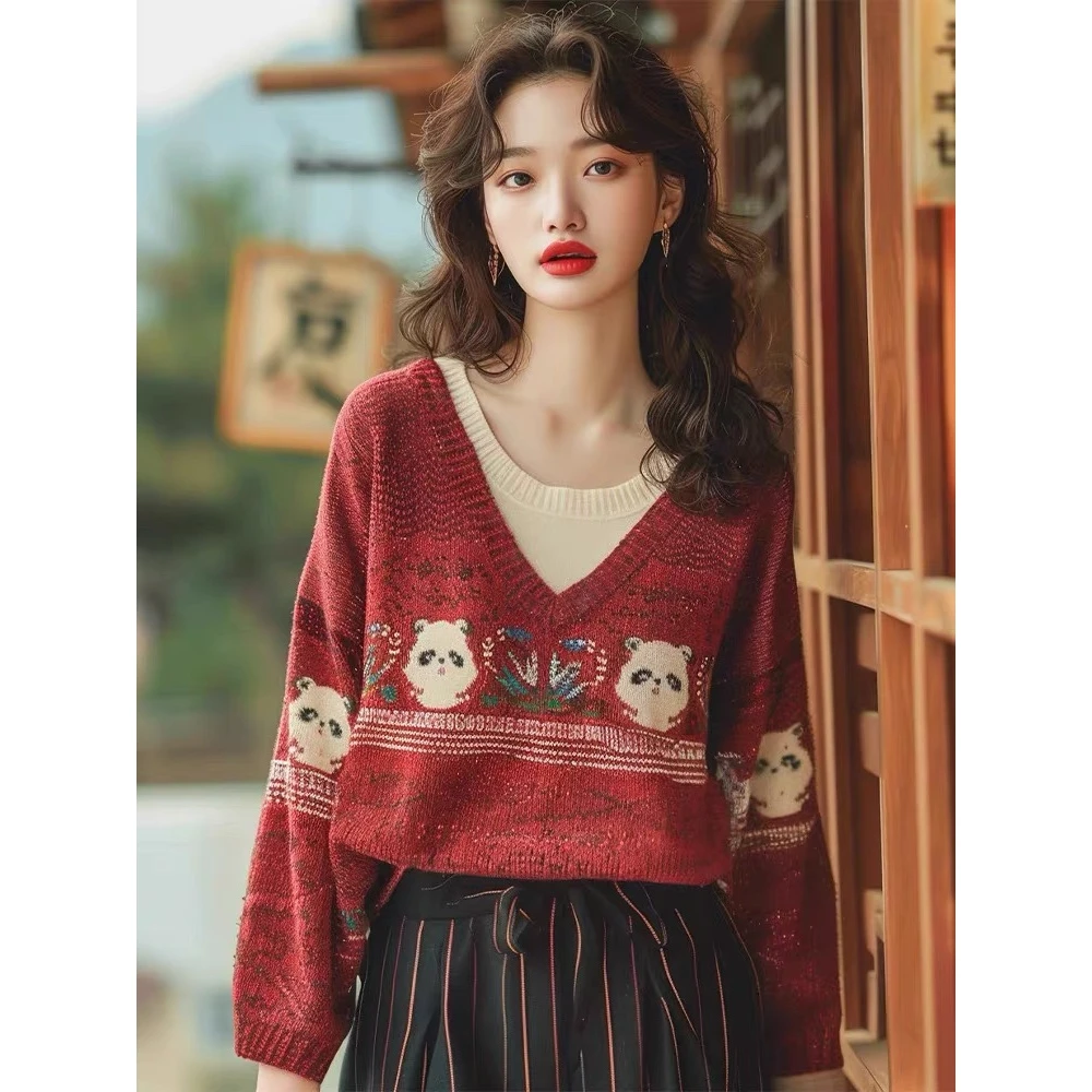 刺绣V领针织毛衣女秋冬松弛感宽松闲适假两件显嫩减龄舒适上衣