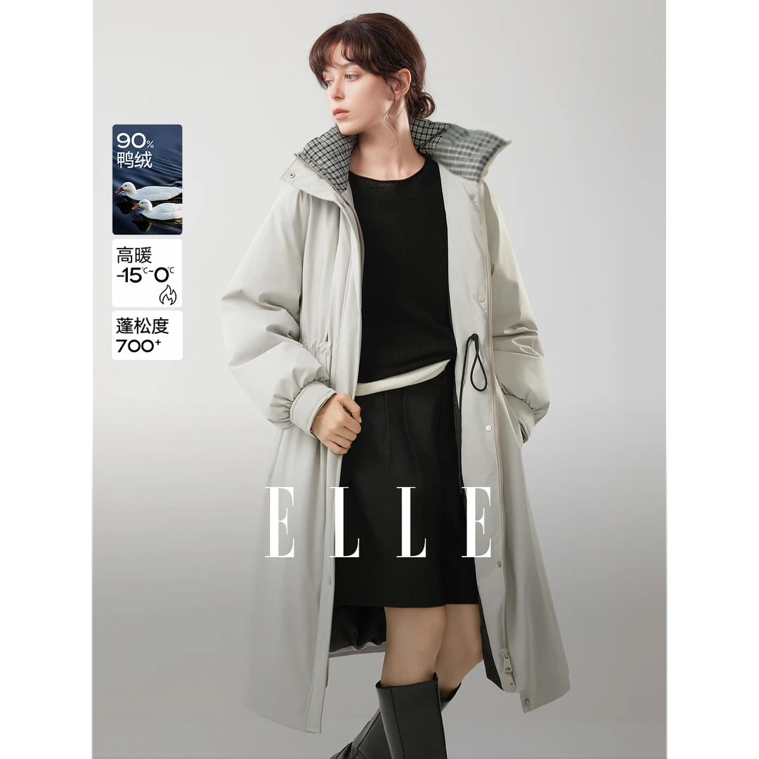 ELLE女装90白鸭绒风衣式羽绒服2025冬季新款通勤宽松外套EY52076