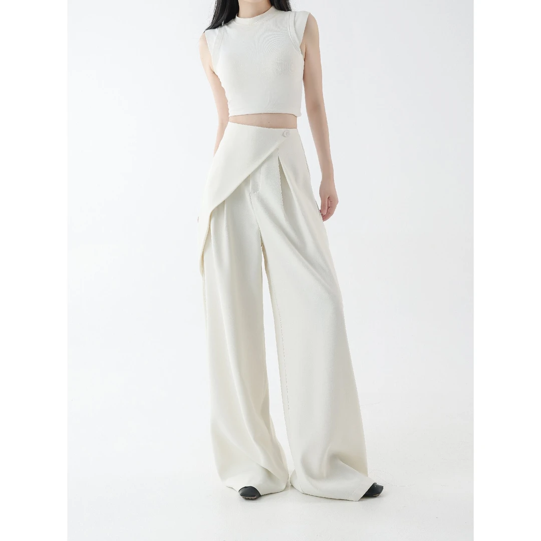 夏季白色显瘦修腿型的裤子高腰通勤设计感休闲裤百搭常规时尚阔腿