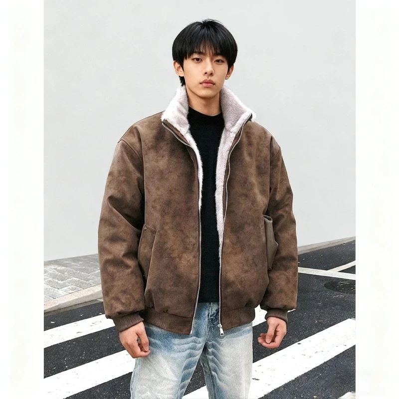 美式复古pu皮立领座山雕夹克男款冬季仿貂毛保暖加绒加厚棉衣外套