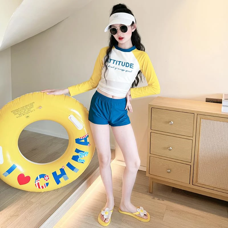 女童泳衣2025新款儿童分体高颜值泳装大童女孩网红长袖防晒游泳衣
