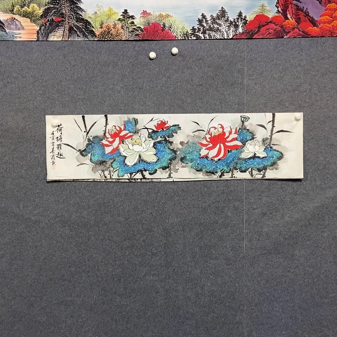 国画四尺对开荷花一副