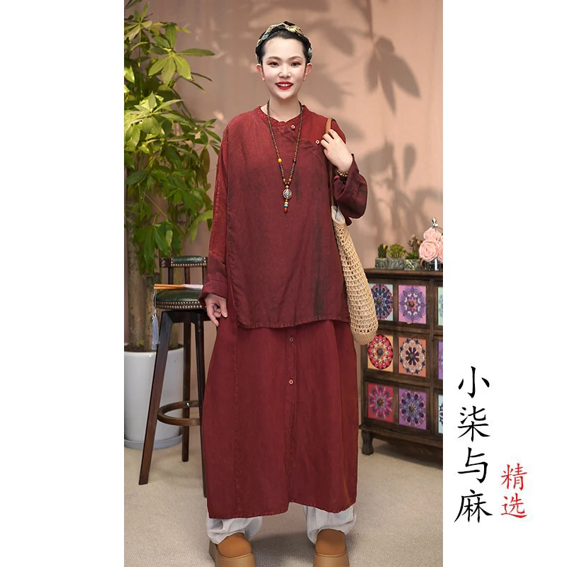 【小柒与麻】春秋季新款亚麻假两件斜襟全开襟裙袍（衣长118胸围150）