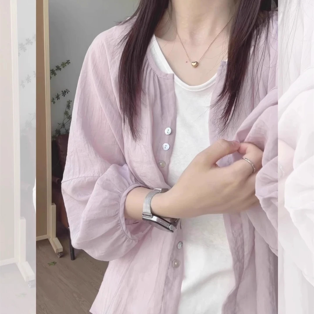 芯娇晴紫色短防晒衬衫女装夏季小个子外搭开衫上衣轻薄款罩衫外套