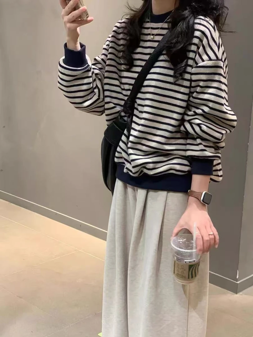 3352韩系复古条纹无帽卫衣女早新款爆款宽松慵懒学生别致上衣服女