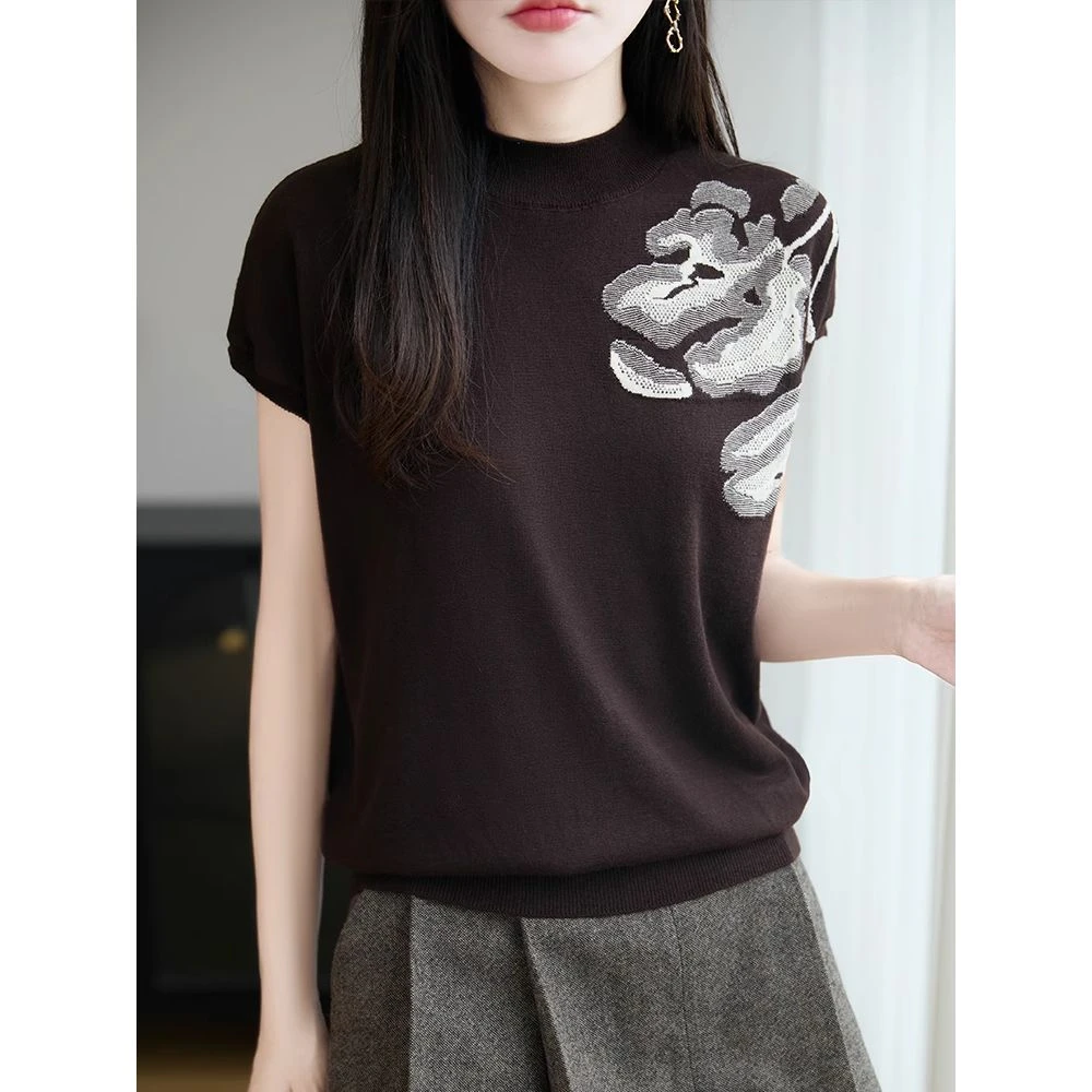 新中式半高领提花短袖女针织T恤衫细腻精纺连肩飞袖西装内搭打底