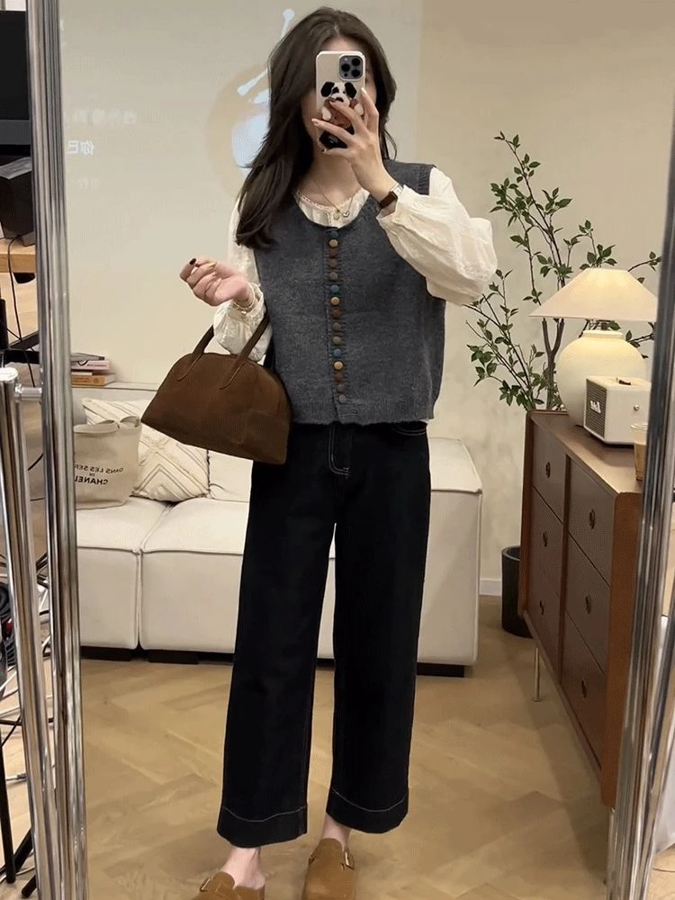 2025秋季新款韩系穿搭气质长袖衬衫无袖马甲上衣高腰牛仔裤套装女