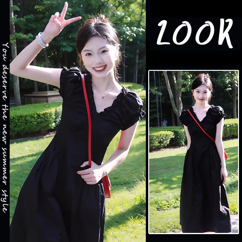 黑色高级感V领连衣裙长款夏女2025法式收腰显瘦赫本风茶歇裙