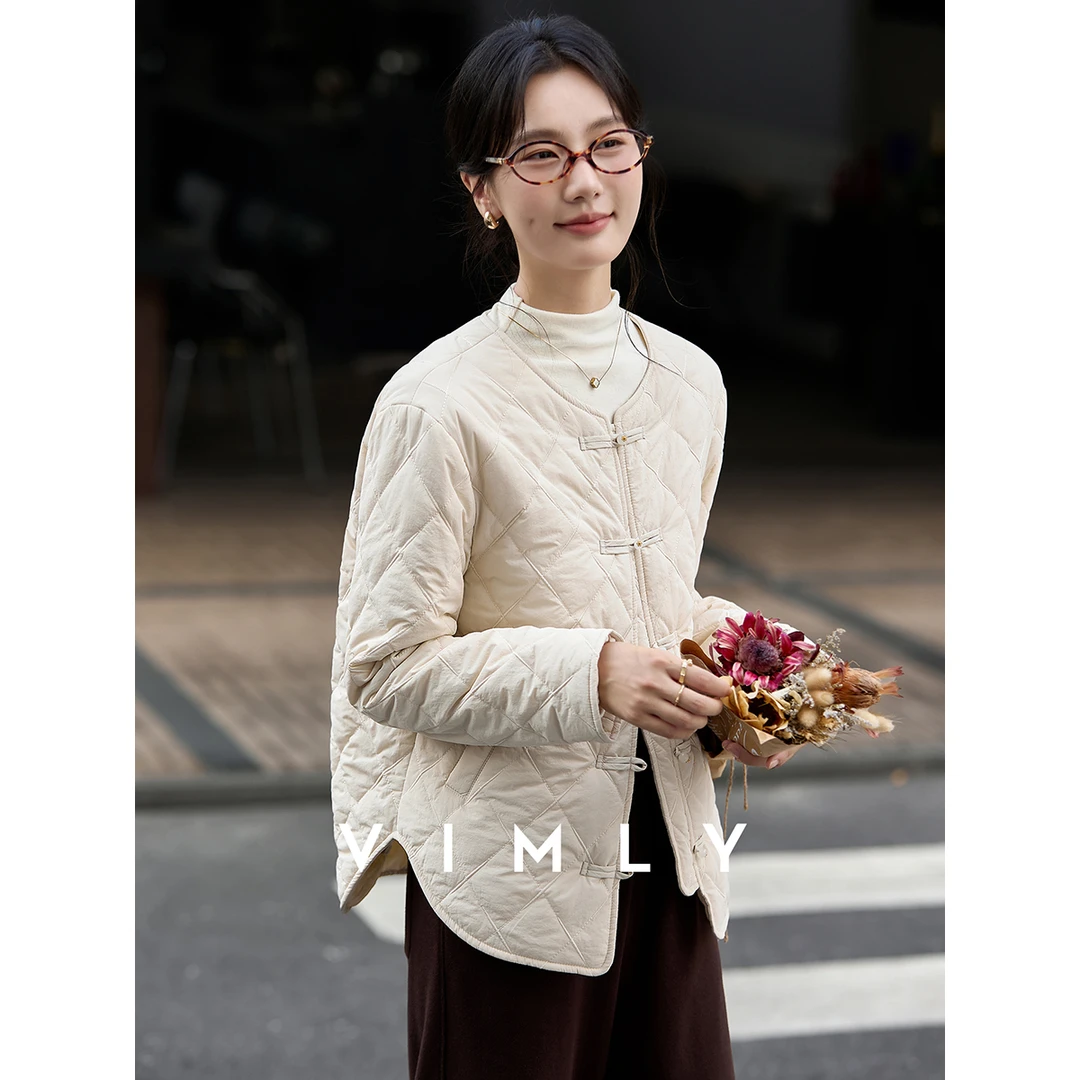 M梵希蔓新中式杏色圆领棉服女冬季宽松盘扣菱形格保暖外套A2858