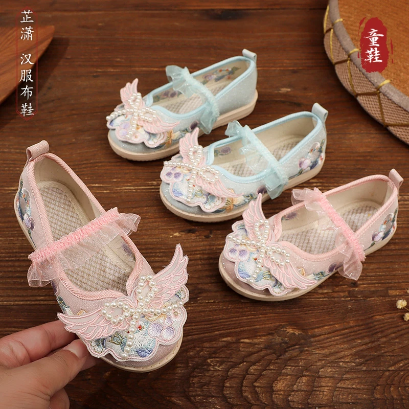 布艺班【芷潇】女童复古汉服鞋软底中国风女孩古装鞋儿童绣花布鞋