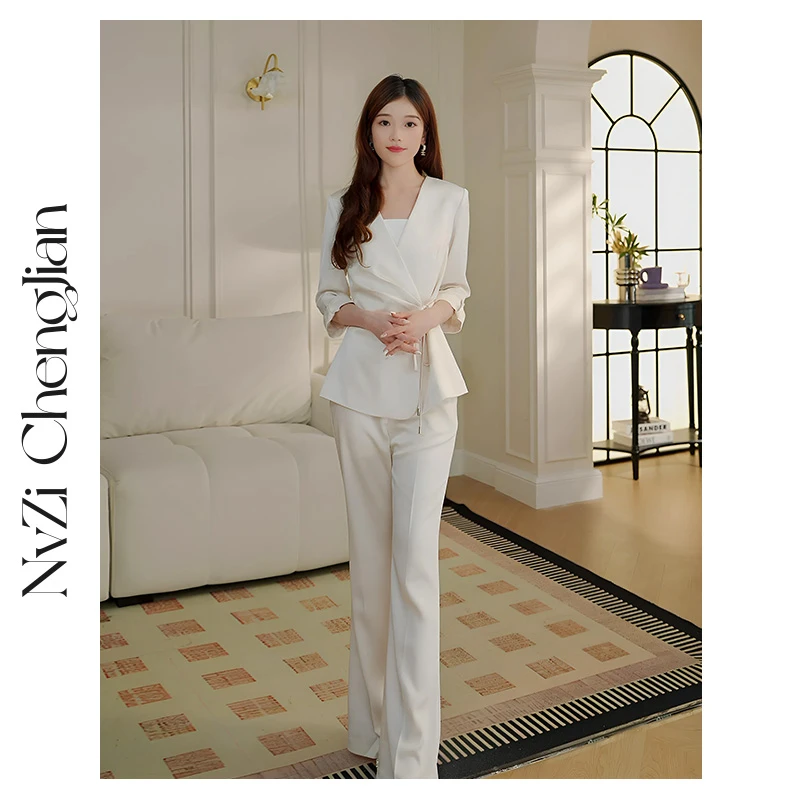 女子成鉴 珍珠米仿醋酸西装高腰直筒职业通勤裤两件套女D-CP2318