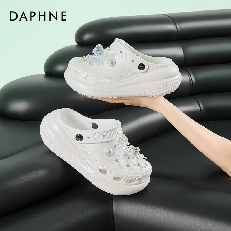 达芙妮厚底增高洞洞拖鞋2025新夏季高跟凉鞋沙滩防滑外穿包头拖鞋