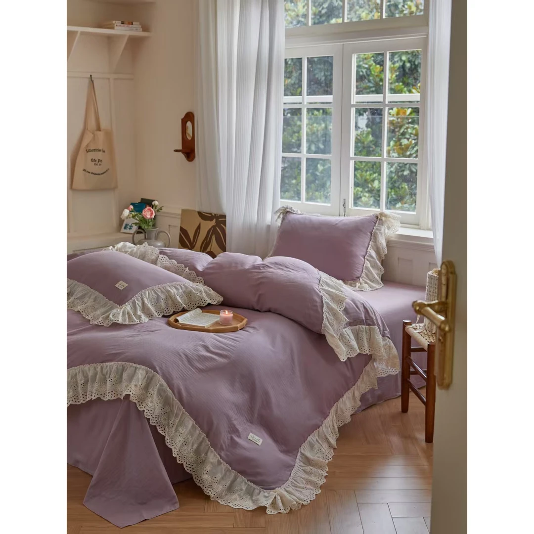 【晴美】全棉公主风双层纱镂空大荷叶花边四件套-水晶之恋-紫
