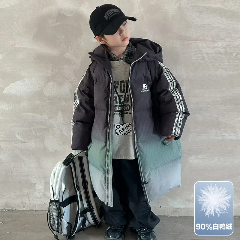 羽绒服中长款渐变白鸭绒御寒儿童外套童装女童洋气时尚连帽加厚