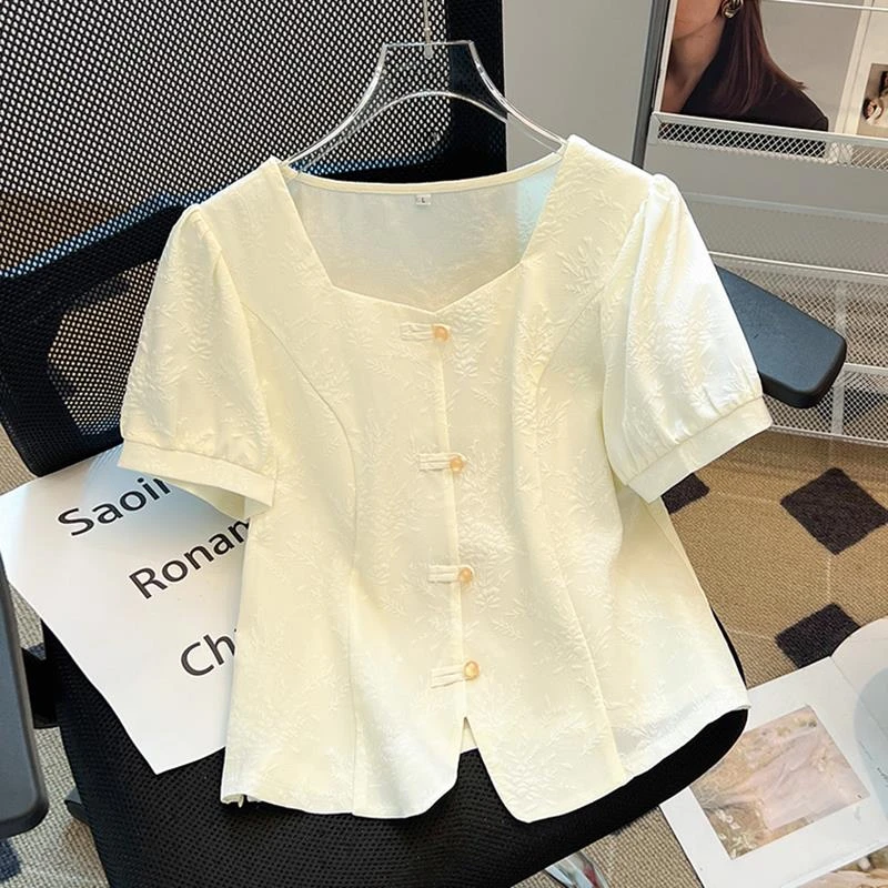 GPTSu~新中式国风高级短袖雪纺衬衫女夏季宽松遮肚子显瘦百搭上衣