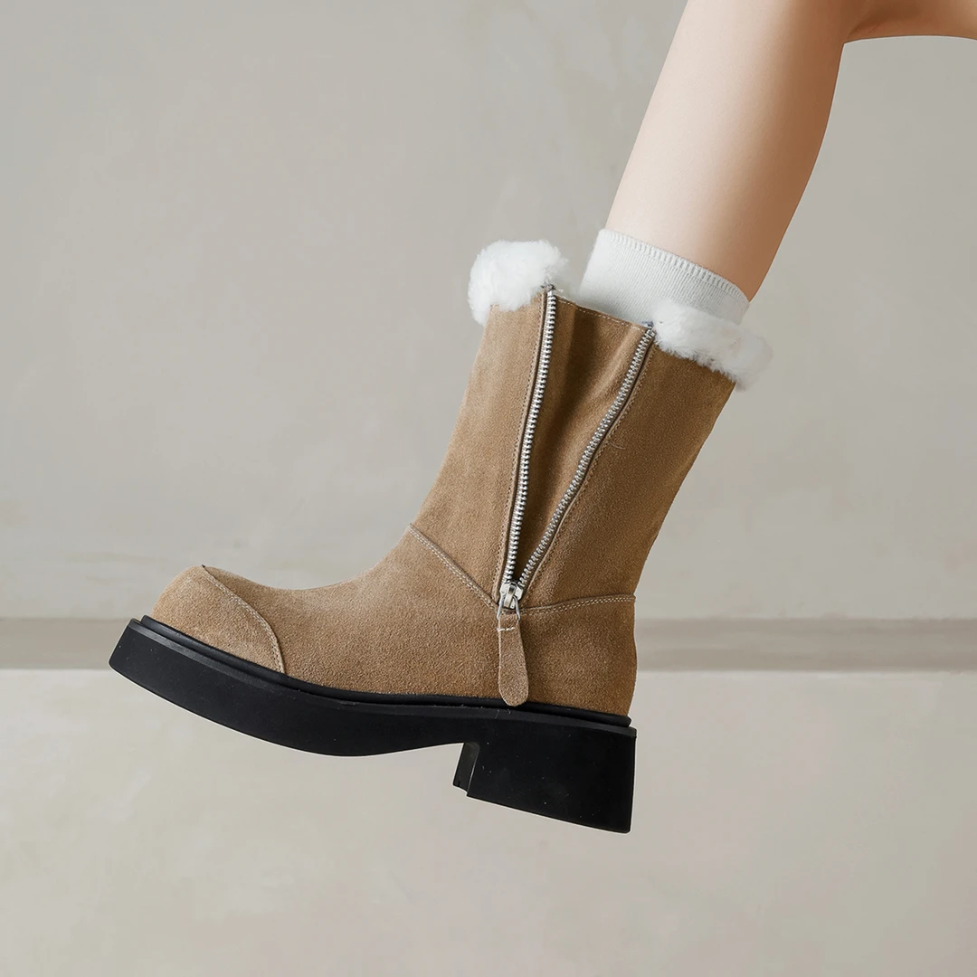 保暖雪地靴厚底中筒加厚保暖棉靴冬季真皮磨砂侧拉链短筒靴女时尚